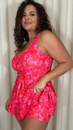 CurveWow Printed Tie Waist Swimdress Red Floral