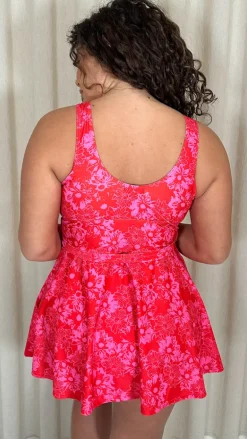 CurveWow Printed Tie Waist Swimdress Red Floral