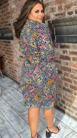 CurveWow Printed Tie Waist Shirt Dress Black Multi Floral Ditsy