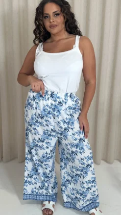 CurveWow Printed Wide Leg Trouser Blue Oriental