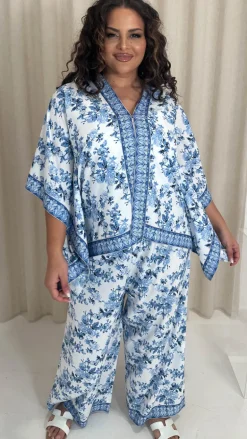 CurveWow Printed Wide Leg Trouser Blue Oriental