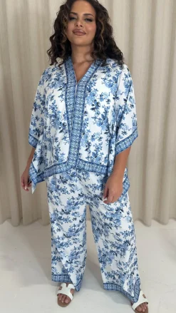 CurveWow Printed Wide Leg Trouser Blue Oriental