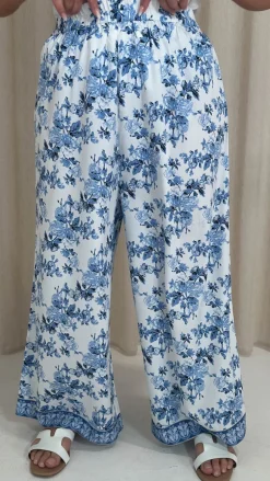 CurveWow Printed Wide Leg Trouser Blue Oriental
