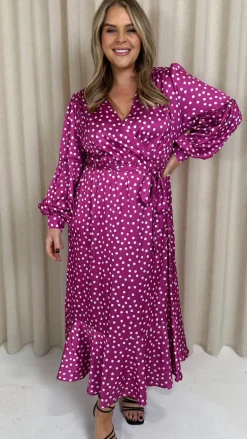 CurveWow Printed Wrap Dress Magenta Spot