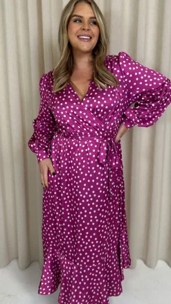 CurveWow Printed Wrap Dress Magenta Spot