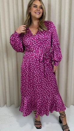 CurveWow Printed Wrap Dress Magenta Spot