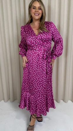 CurveWow Printed Wrap Dress Magenta Spot
