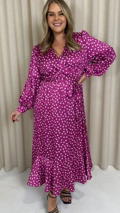 CurveWow Printed Wrap Dress Magenta Spot