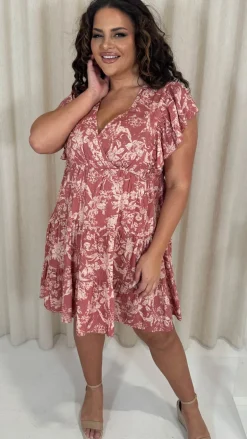 CurveWow Printed Wrap Frill Cap Sleeve Dress Pink Floral