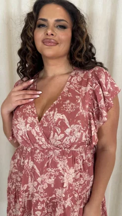 CurveWow Printed Wrap Frill Cap Sleeve Dress Pink Floral