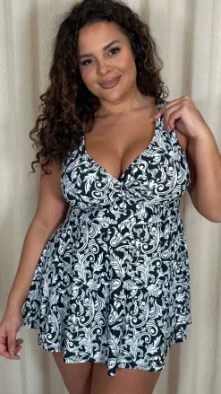 CurveWow Printed Wrap Swimdress Black Baroque