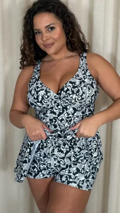 CurveWow Printed Wrap Swimdress Black Baroque