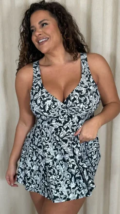 CurveWow Printed Wrap Swimdress Black Baroque