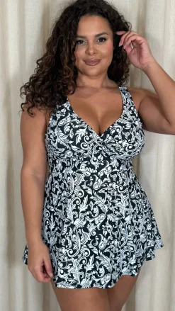 CurveWow Printed Wrap Swimdress Black Baroque