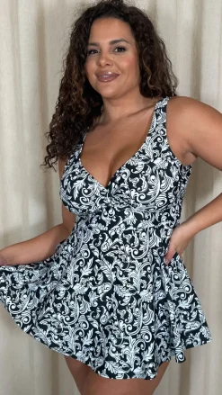 CurveWow Printed Wrap Swimdress Black Baroque