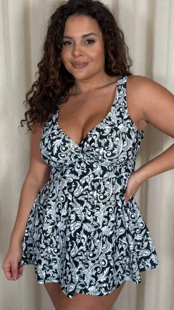 CurveWow Printed Wrap Swimdress Black Baroque