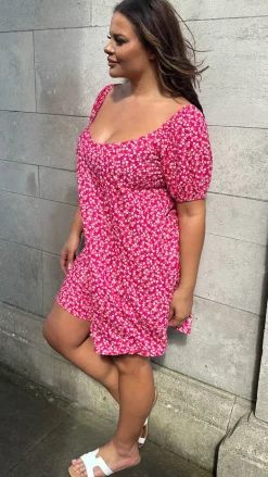 CurveWow Puff Sleeve Swing Dress Pink Ditsy