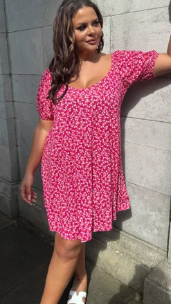 CurveWow Puff Sleeve Swing Dress Pink Ditsy