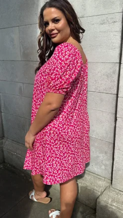 CurveWow Puff Sleeve Swing Dress Pink Ditsy