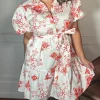 CurveWow Puff Sleeve Tiered Shirt Dress White Floral