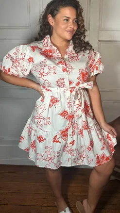 CurveWow Puff Sleeve Tiered Shirt Dress White Floral