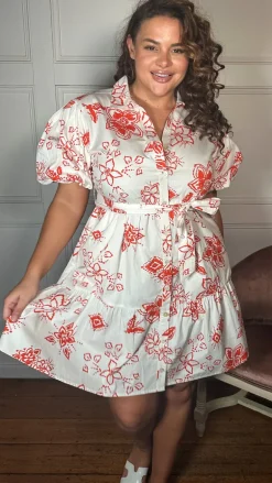 CurveWow Puff Sleeve Tiered Shirt Dress White Floral