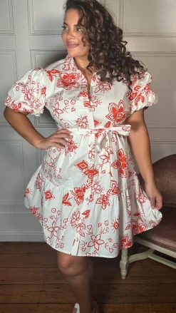 CurveWow Puff Sleeve Tiered Shirt Dress White Floral