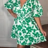 CurveWow Puff Sleeve V Neck Dress Green Floral