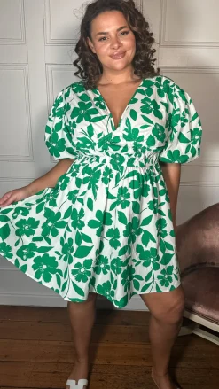 CurveWow Puff Sleeve V Neck Dress Green Floral