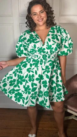 CurveWow Puff Sleeve V Neck Dress Green Floral