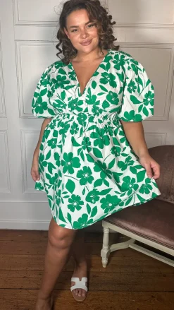 CurveWow Puff Sleeve V Neck Dress Green Floral