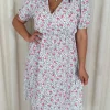 CurveWow Puff Sleeve Wrap Midi Dress Pink Floral Spot