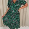 CurveWow Puff Sleeve Wrap Midi Dress Green Animal