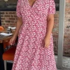 CurveWow Puff Sleeve Wrap Dress Red Ivory Ditsy