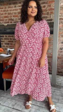 CurveWow Puff Sleeve Wrap Dress Red Ivory Ditsy