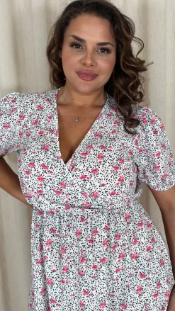 CurveWow Puff Sleeve Wrap Midi Dress Pink Floral Spot