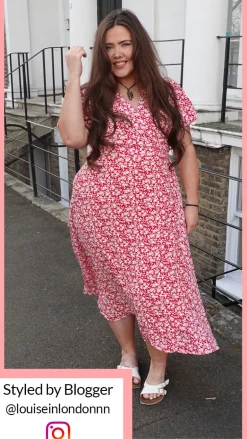 CurveWow Puff Sleeve Wrap Dress Red Ivory Ditsy