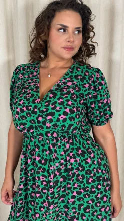 CurveWow Puff Sleeve Wrap Midi Dress Green Animal