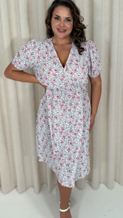 CurveWow Puff Sleeve Wrap Midi Dress Pink Floral Spot