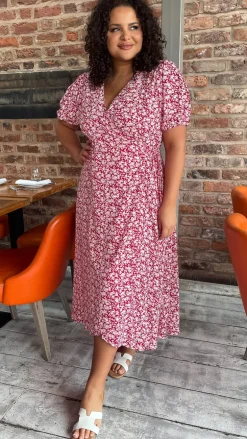 CurveWow Puff Sleeve Wrap Dress Red Ivory Ditsy