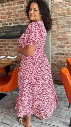 CurveWow Puff Sleeve Wrap Dress Red Ivory Ditsy
