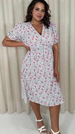 CurveWow Puff Sleeve Wrap Midi Dress Pink Floral Spot