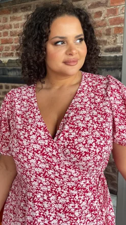 CurveWow Puff Sleeve Wrap Dress Red Ivory Ditsy