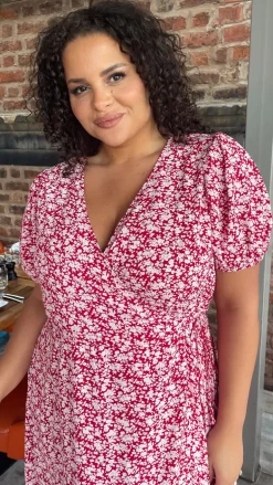 CurveWow Puff Sleeve Wrap Dress Red Ivory Ditsy