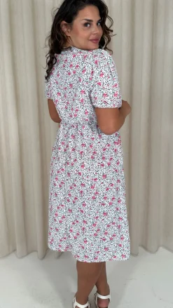 CurveWow Puff Sleeve Wrap Midi Dress Pink Floral Spot
