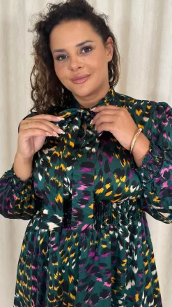 CurveWow Pussybow Smock Dress Green Animal