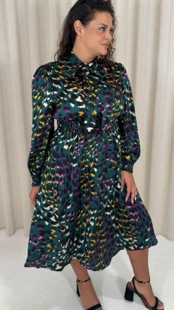 CurveWow Pussybow Smock Dress Green Animal