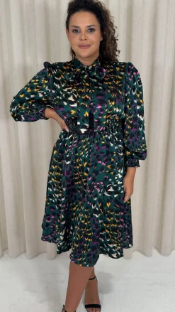 CurveWow Pussybow Smock Dress Green Animal