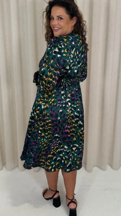 CurveWow Pussybow Smock Dress Green Animal