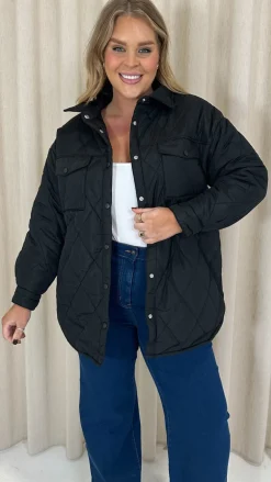 CurveWow Quilted Popper Button Jacket Black